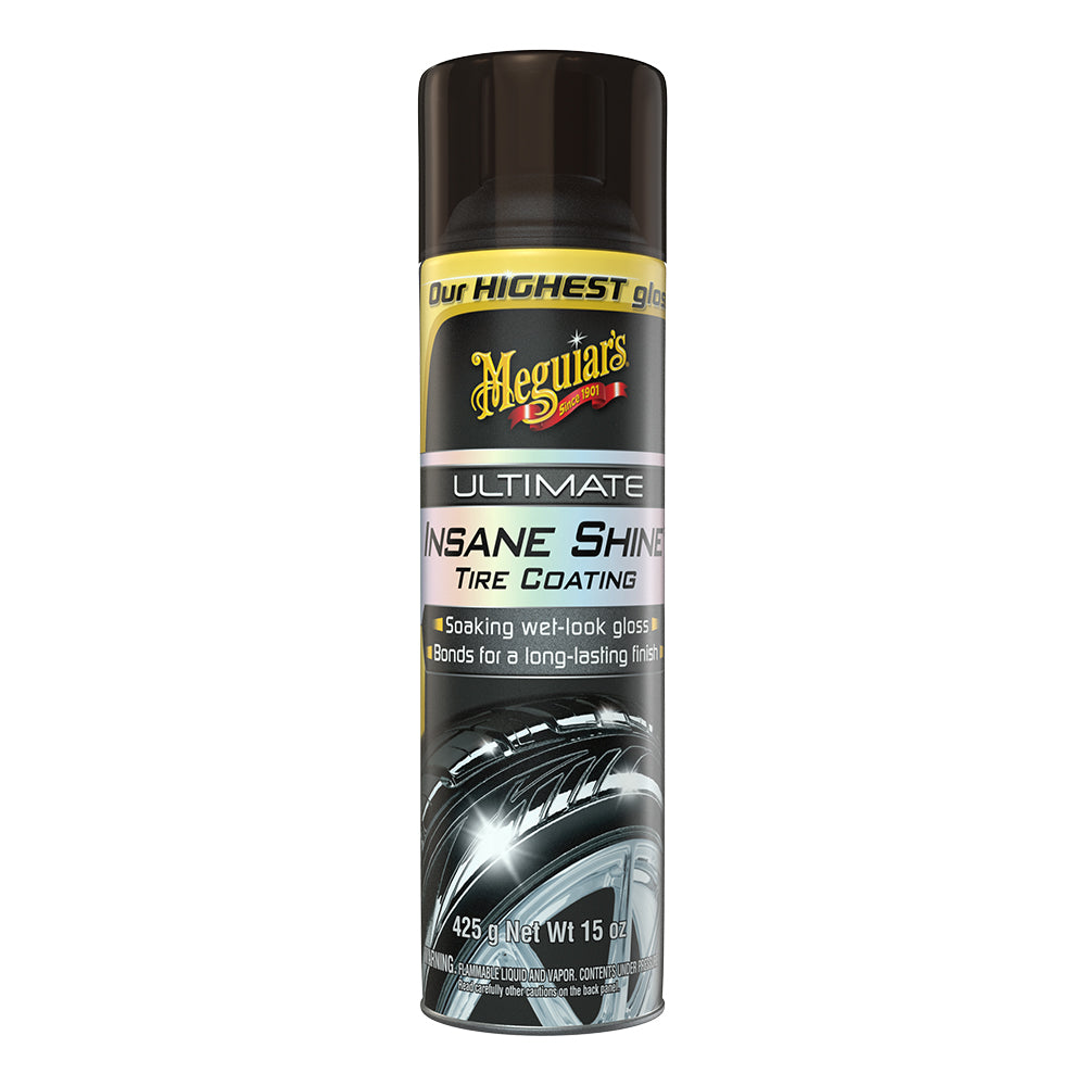 Meguiar's Ultimate Insane Shine Tire Coating 15oz bottle for cleaning and shining car tires.