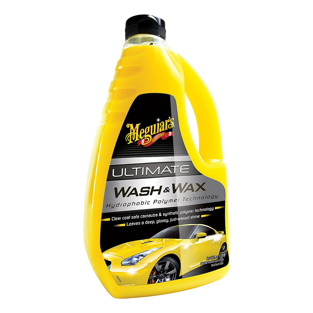Meguiar's Ultimate Wash & Wax cleaning product in a 1.4-liter bottle, designed for car exterior cleaning and waxing.