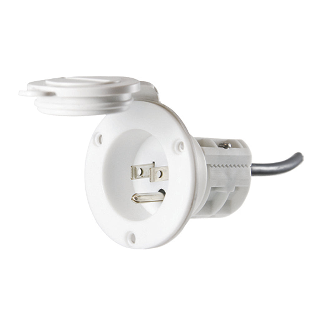 Minn Kota MKR-23 AC Power Port for saltwater accessories, metal connector with protective cap and mounting base.