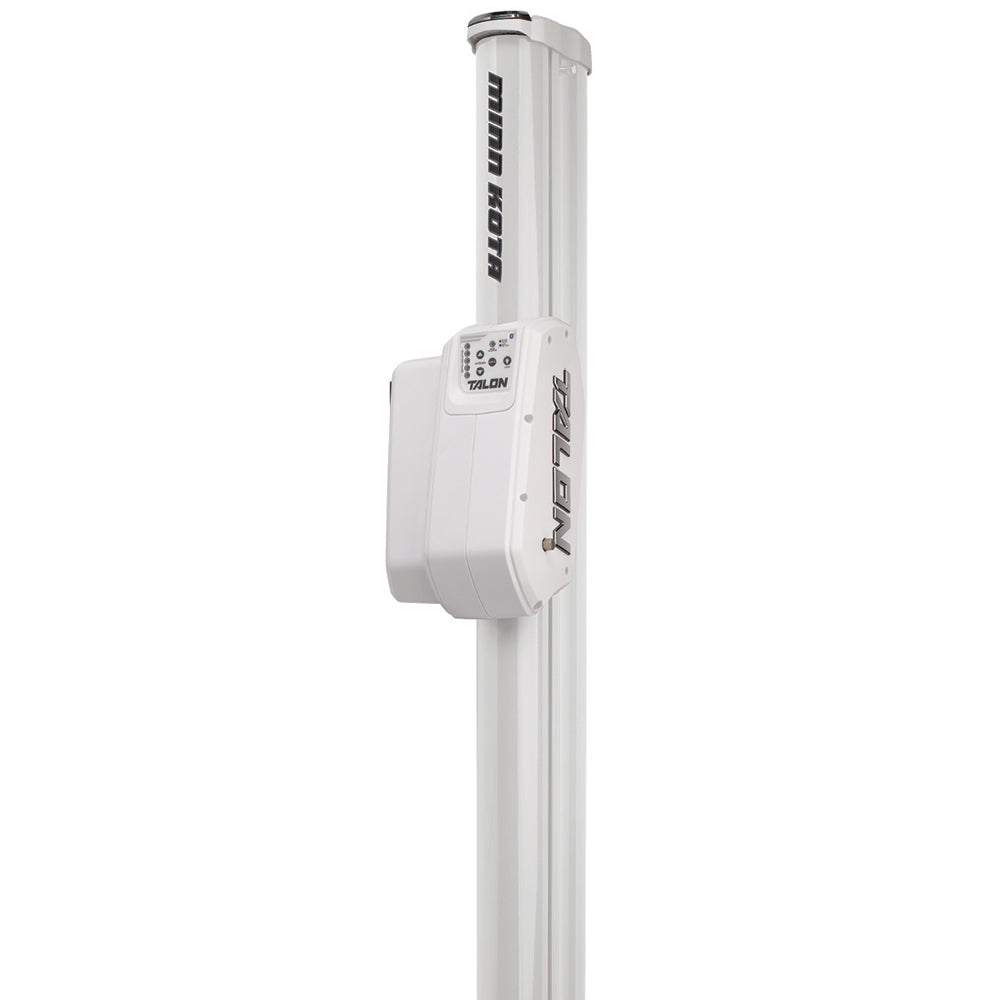 Minn Kota Talon BT 12 shallow water anchor in white, showing its sturdy design and mounting hardware for boat stabilization.