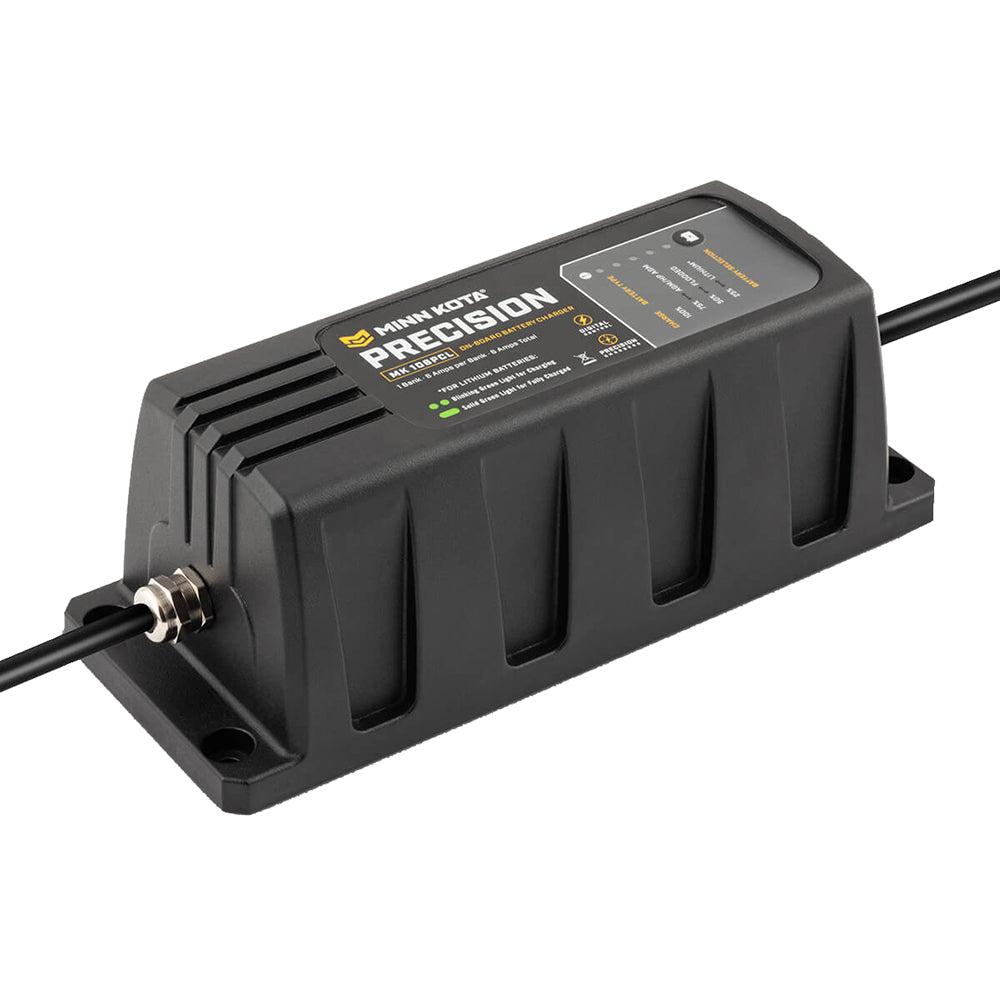 Minn Kota On-Board Precision Charger MK-106 PCL 1 Bank x 6 Amp lithium-optimized battery charger for boats and marine use.