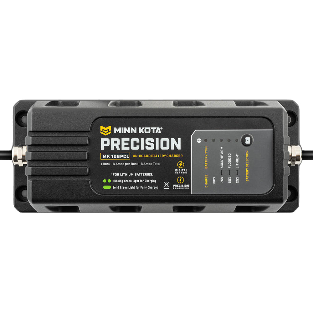 Minn Kota On-Board Precision Charger MK-106 PCL 1 Bank lithium battery charger with 6-amp output, compact and durable design.