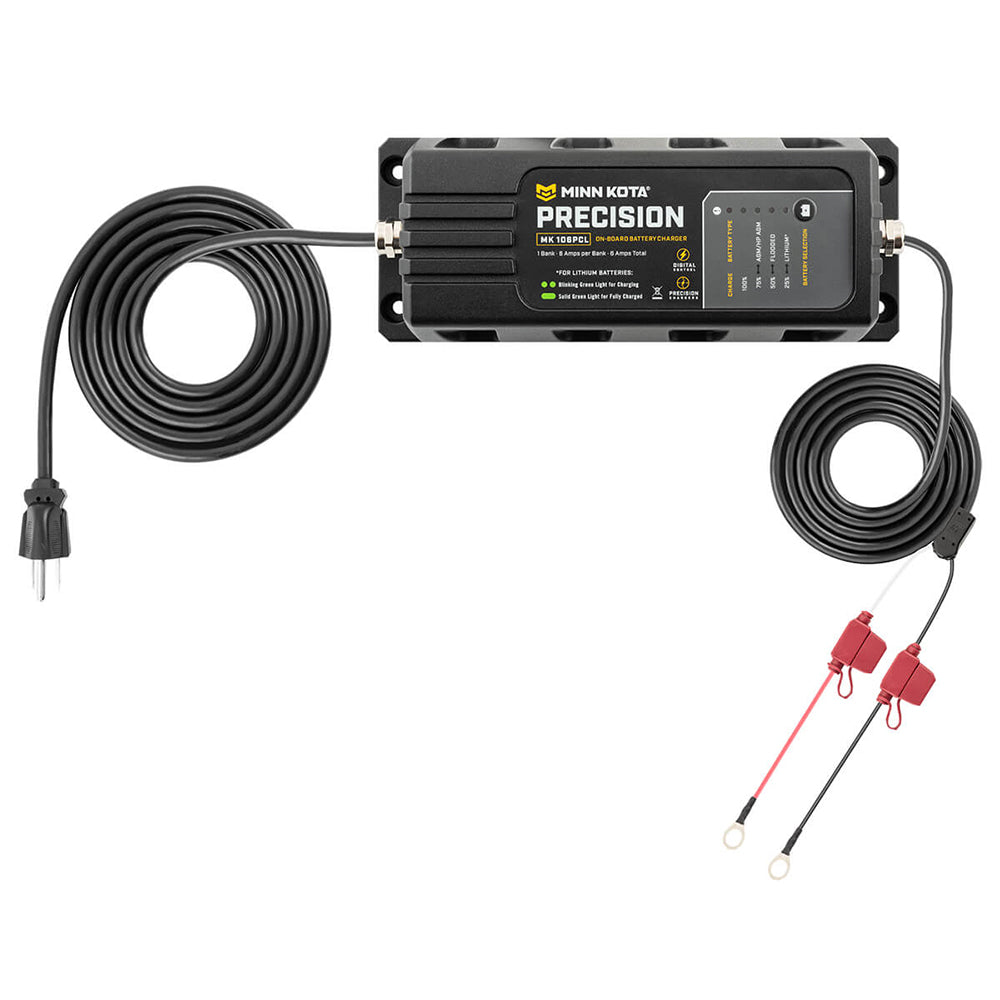 Minn Kota On-Board Precision Charger MK-106 PCL 1 Bank, 6 Amp lithium-optimized battery charger for marine batteries.