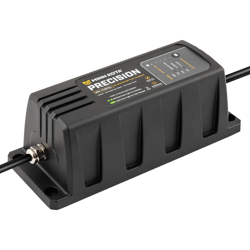 Minn Kota On-Board Precision Charger MK-110 PCL 1 Bank 10 Amp Lithium optimized battery charger for marine batteries.