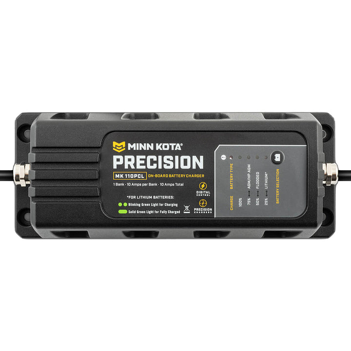 Minn Kota On-Board Precision Charger MK-110 PCL 1 Bank, 10 AMP lithium battery charger for marine batteries, compact and reliable.