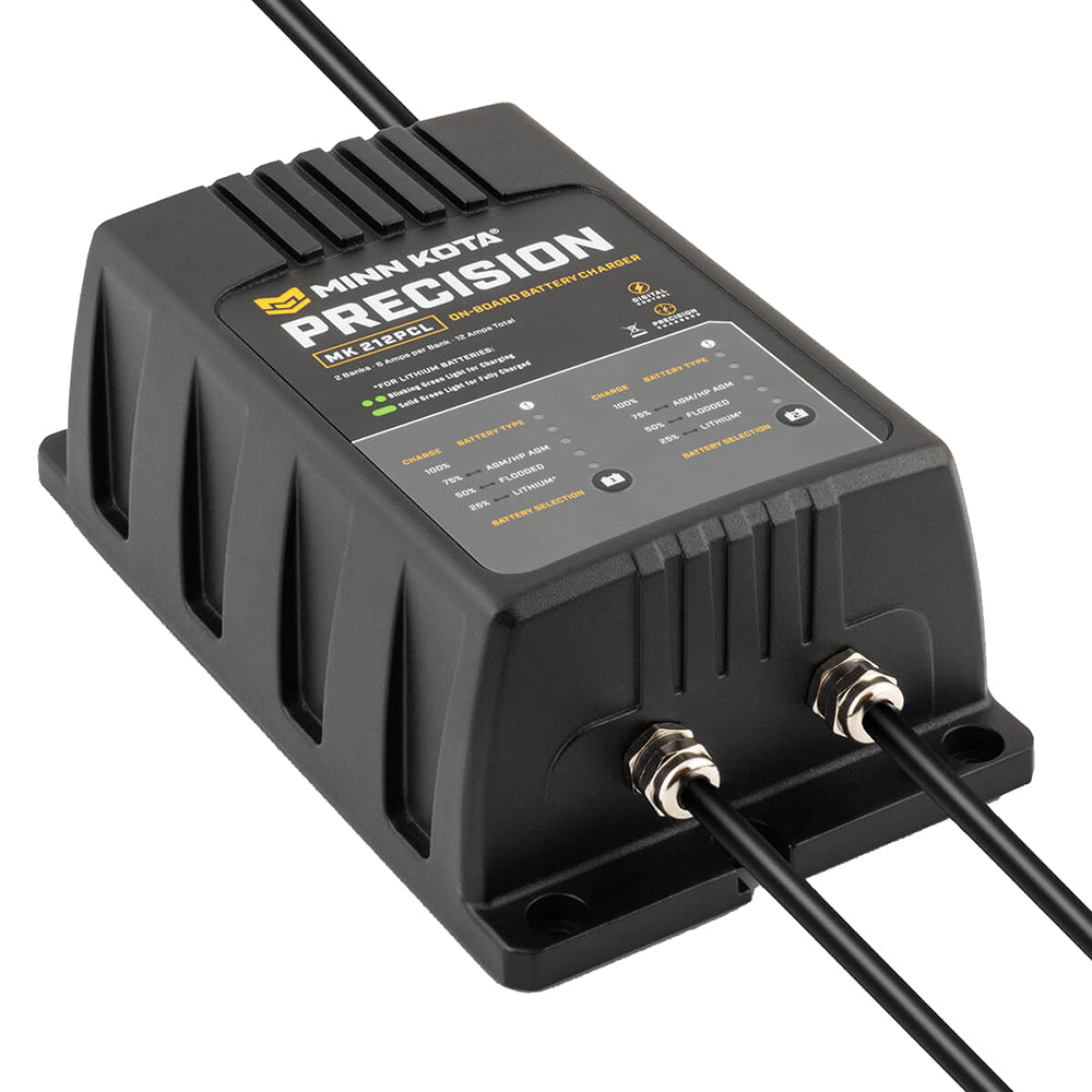 Minn Kota On-Board Precision Charger MK-212 PCL 2 Bank, 6 Amp lithium-optimized battery charger for boat batteries.