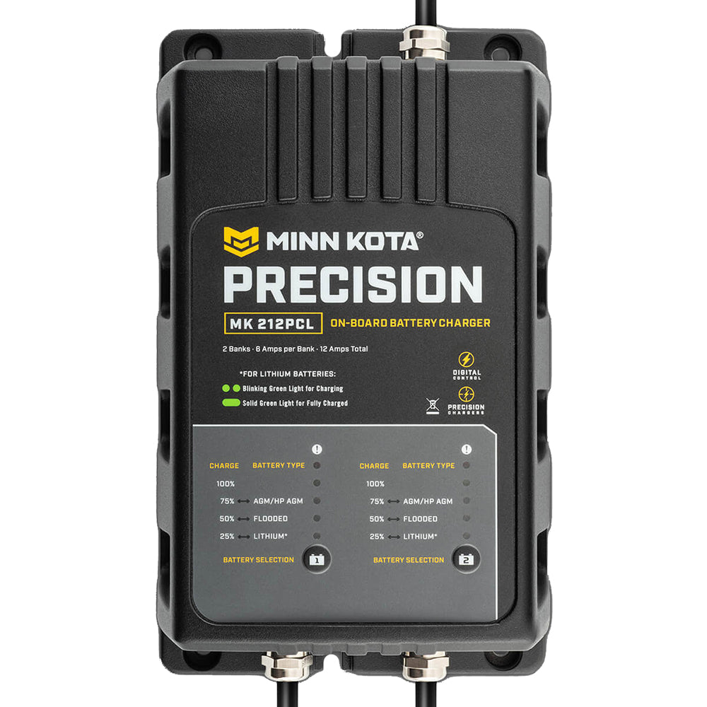 Minn Kota On-Board Precision Charger MK-212 PCL two-bank lithium battery charger with 6-amp output for marine batteries.