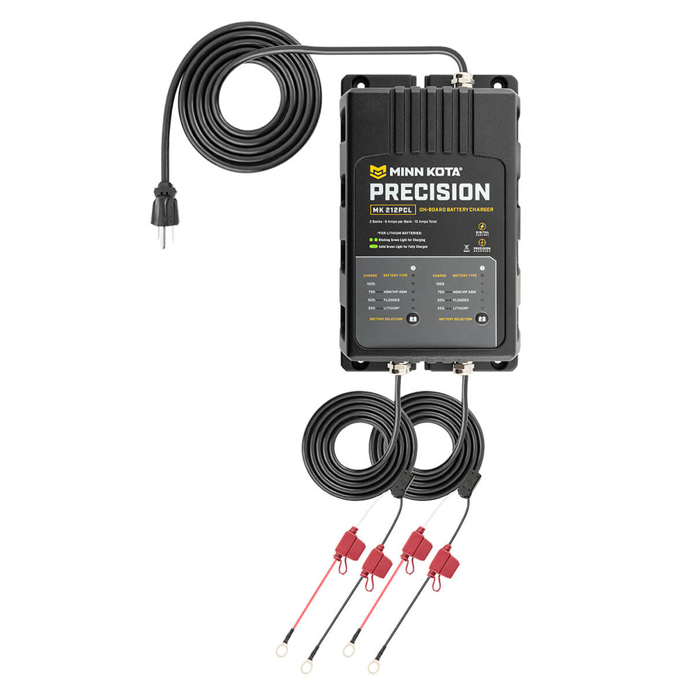 Minn Kota On-Board Precision Charger MK-212 PCL battery charger for 2 banks, 6 amps, lithium optimized, with digital display.
