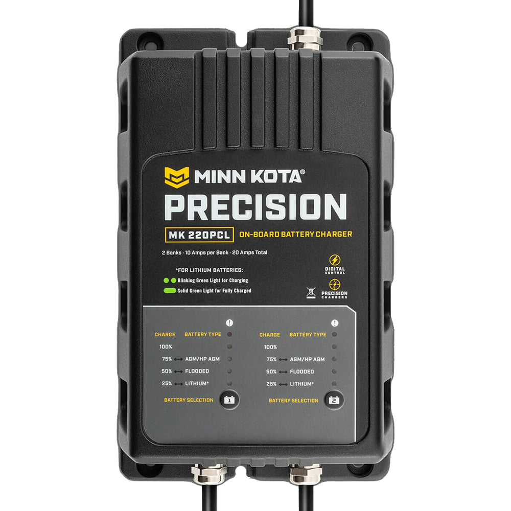 Minn Kota MK-220 On-Board Precision Charger for 2-bank batteries, 10 Amp lithium-optimized battery charger.