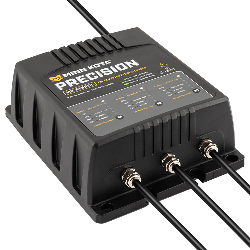Minn Kota On-Board Precision Charger MK-318 PCL 3-bank lithium battery charger with 6 amp output for marine batteries.