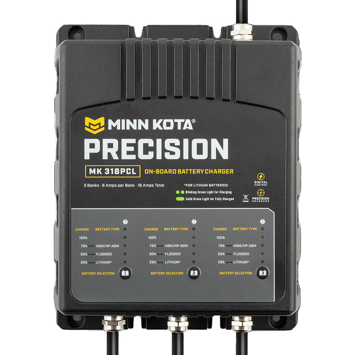 Minn Kota On-Board Precision Charger MK-318 PCL 3-bank lithium battery charger with 6-amp output for marine batteries.