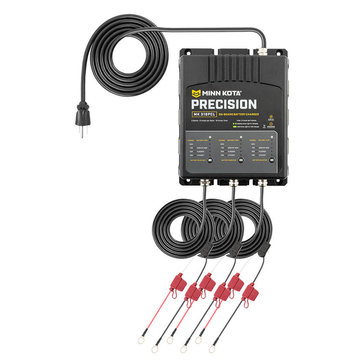 Minn Kota On-Board Precision Charger MK-318 3-bank lithium battery charger with 6-amp output, designed for marine use