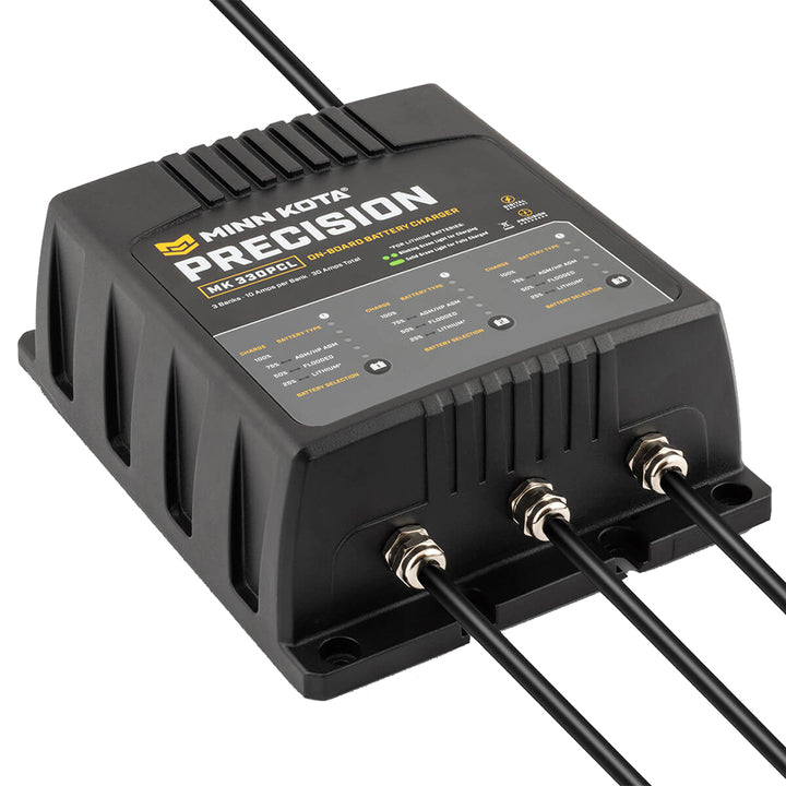Minn Kota On-Board Precision Charger MK-330 PCL 3-bank 10-amp lithium battery charger for marine or RV use.