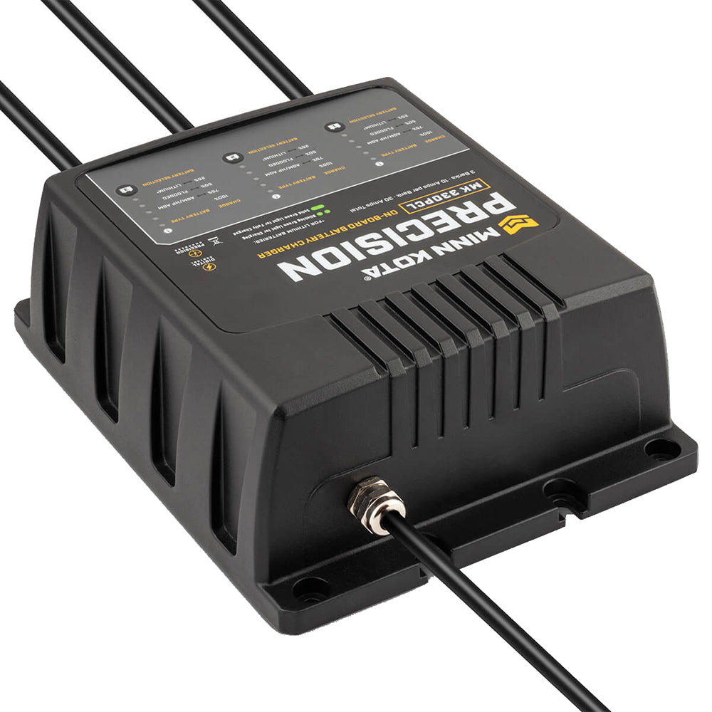 Minn Kota On-Board Precision Charger MK-330 PCL 3-bank lithium battery charger with 10-amp charging for boat batteries.
