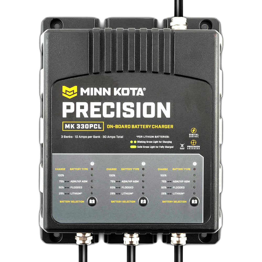 Minn Kota On-Board Precision Charger MK-330 PCL 3-bank battery charger with 10 amp LI optimization, designed for marine batteries.