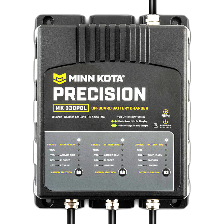 Minn Kota On-Board Precision Charger MK-330 PCL 3-bank battery charger with 10 amp LI optimization, designed for marine batteries.