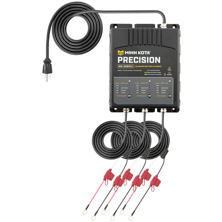 Minn Kota On-Board Precision Charger MK-330 PCL 3-bank lithium battery charger with 10-amp output, designed for marine batteries.