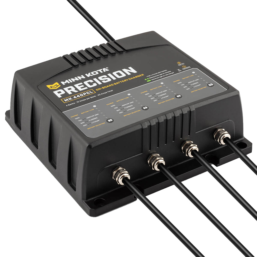 Minn Kota On-Board Precision Charger MK-440 PCL 4-bank lithium battery charger with 10 AMP output for boat batteries.