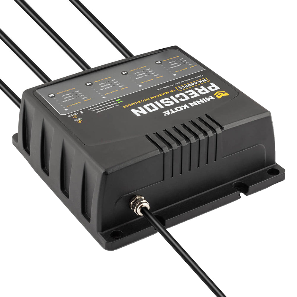 Minn Kota On-Board Precision Charger MK-440 PCL 4-bank lithium battery charger with 10 amp output, designed for marine use.