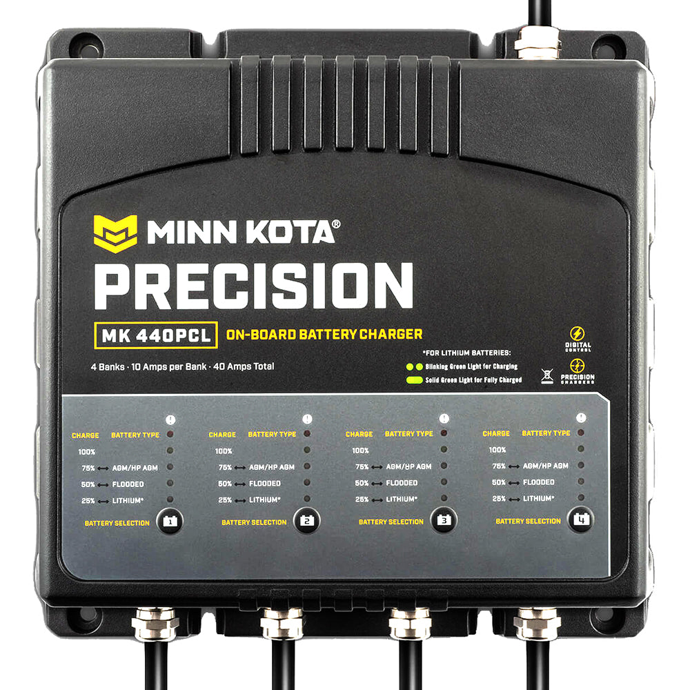 Minn Kota On-Board Precision Charger MK-440 PCL 4-bank lithium battery charger with 10-amp charging per bank, black and silver design.