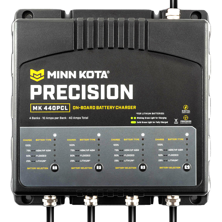 Minn Kota On-Board Precision Charger MK-440 PCL 4-bank lithium battery charger with 10-amp charging per bank, black and silver design.