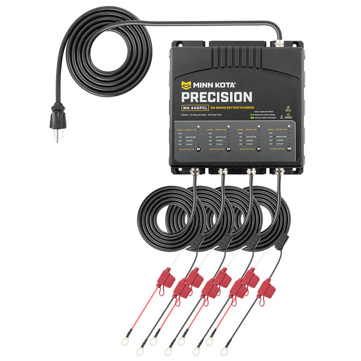 Minn Kota On-Board Precision Charger MK-440 PCL 4-bank lithium battery charger with 10-amp charging capacity, designed for marine use.