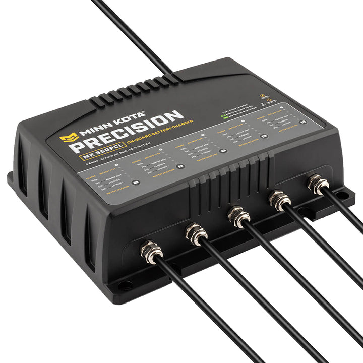Minn Kota On-Board Precision Charger MK-550 PCL 5 Bank lithium battery charger with 10 Amp charging for boat batteries.