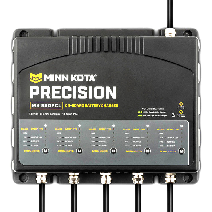 Minn Kota On-Board Precision Charger MK-550 PCL 5 Bank battery charger with 10 AMP LI optimization for marine batteries.