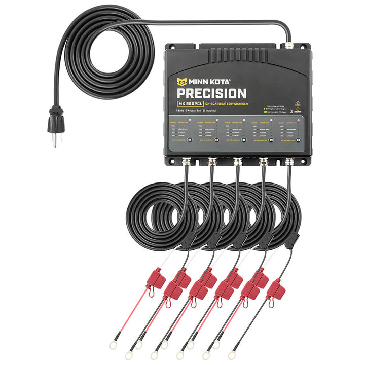 Minn Kota On-Board Precision Charger MK-550 PCL 5 Bank lithium battery charger with 10-amp charging for multiple batteries.