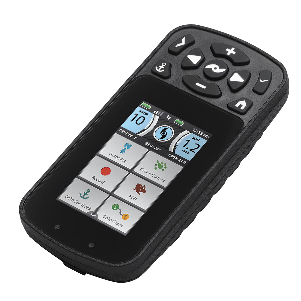 Minn Kota i-Pilot Link wireless remote with Bluetooth for trolling motor accessories, showing device with buttons and display.