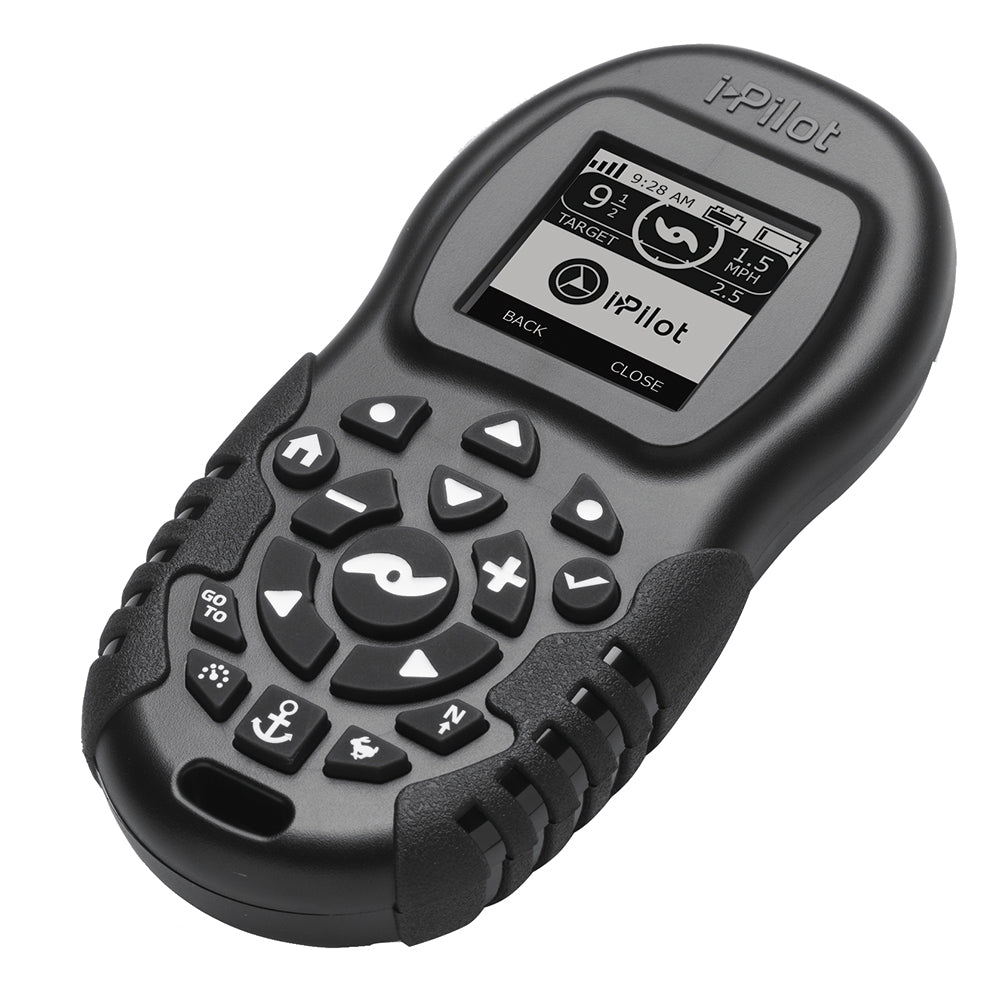 Minn Kota i-Pilot System remote control with Bluetooth for trolling motor accessories, showing buttons and display screen.