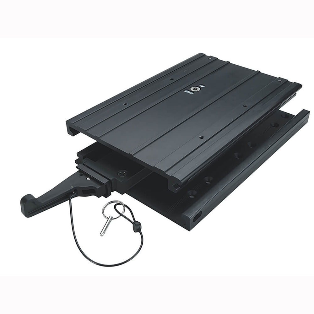 Minn Kota MKA-32 electric steer quick release bracket with cover for trolling motor accessories, mounted on a boat.