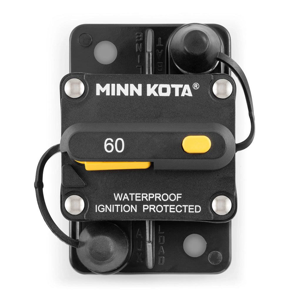 Minn Kota MKR-27 60AMP circuit breaker for trolling motors, showing the black and red electrical components and mounting details.