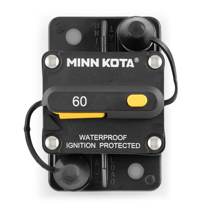 Minn Kota MKR-27 60AMP circuit breaker for trolling motors, showing the black and red electrical components and mounting details.