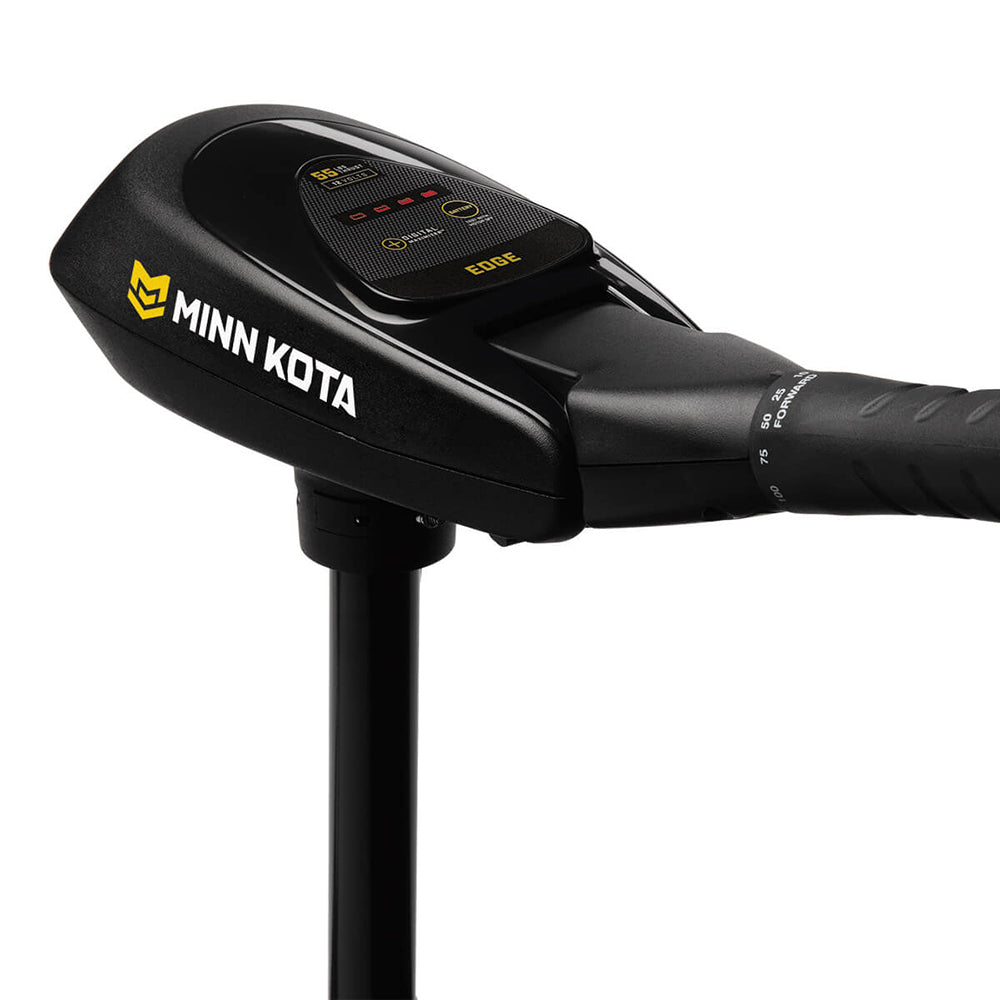 Minn Kota Edge 55 trolling motor with hand control, 12V, 55lb thrust, 52-inch shaft, suitable for fishing boats.