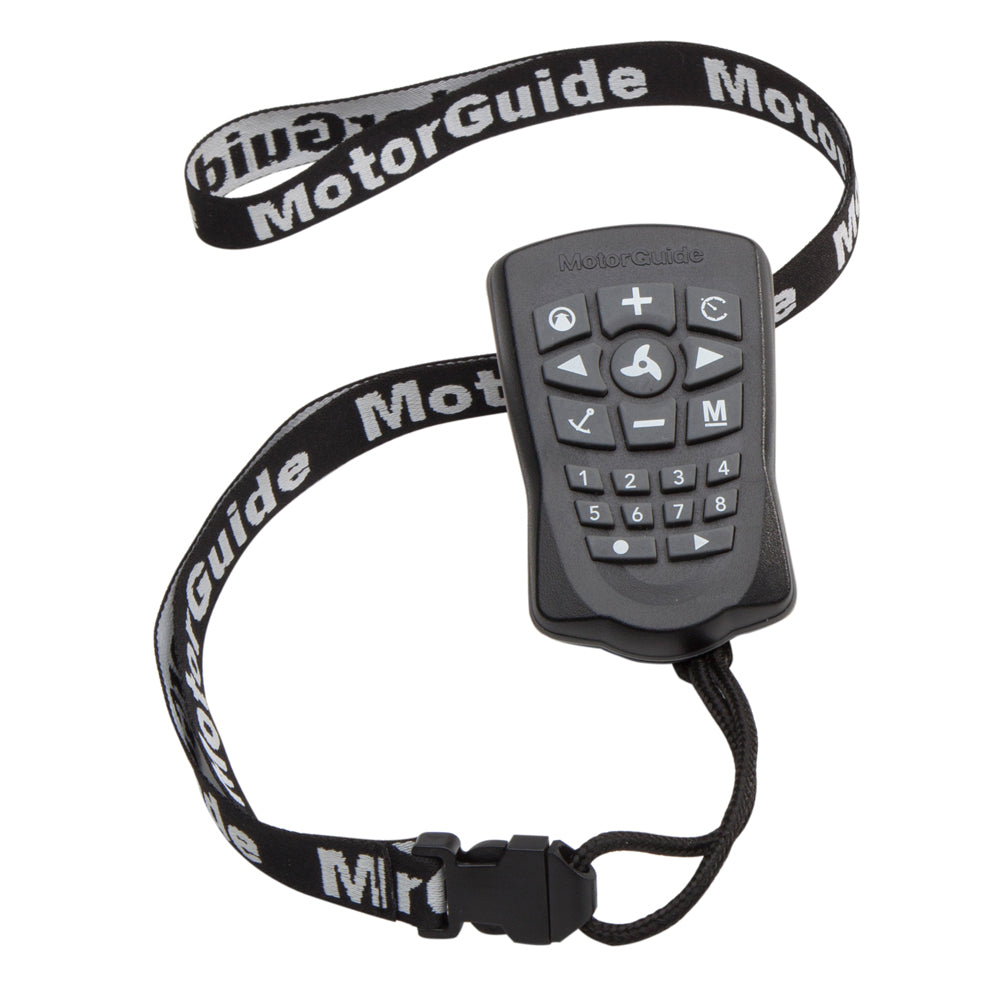 MotorGuide PinPoint GPS replacement remote for trolling motors, black remote control with buttons and display screen.