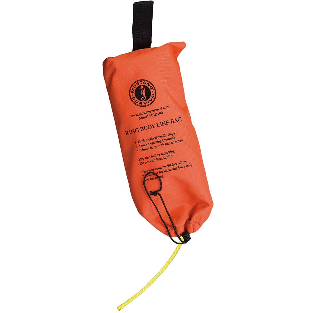 Mustang Survival ring buoy throw bag with 90-foot rope, marine safety accessory for rescue and flotation support.