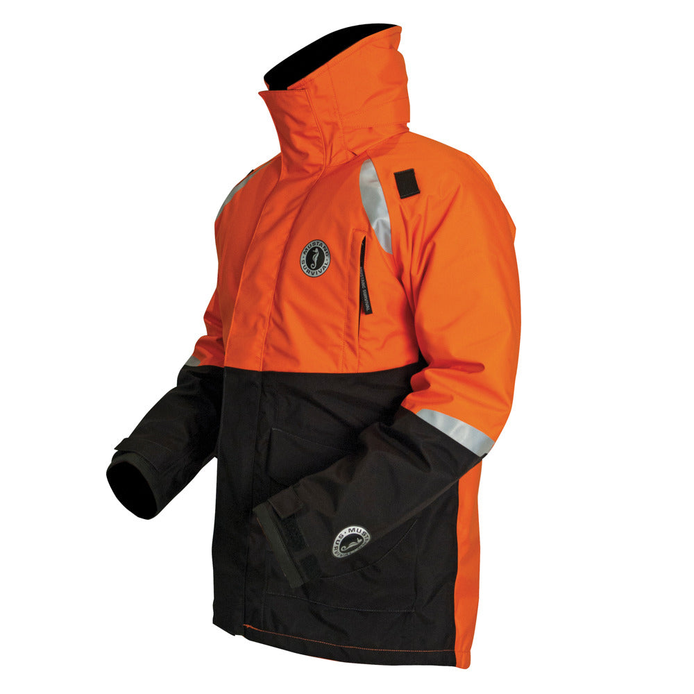 Mustang Survival Catalyst flotation coat in orange and black, XL size, showing the waterproof design and reflective accents.