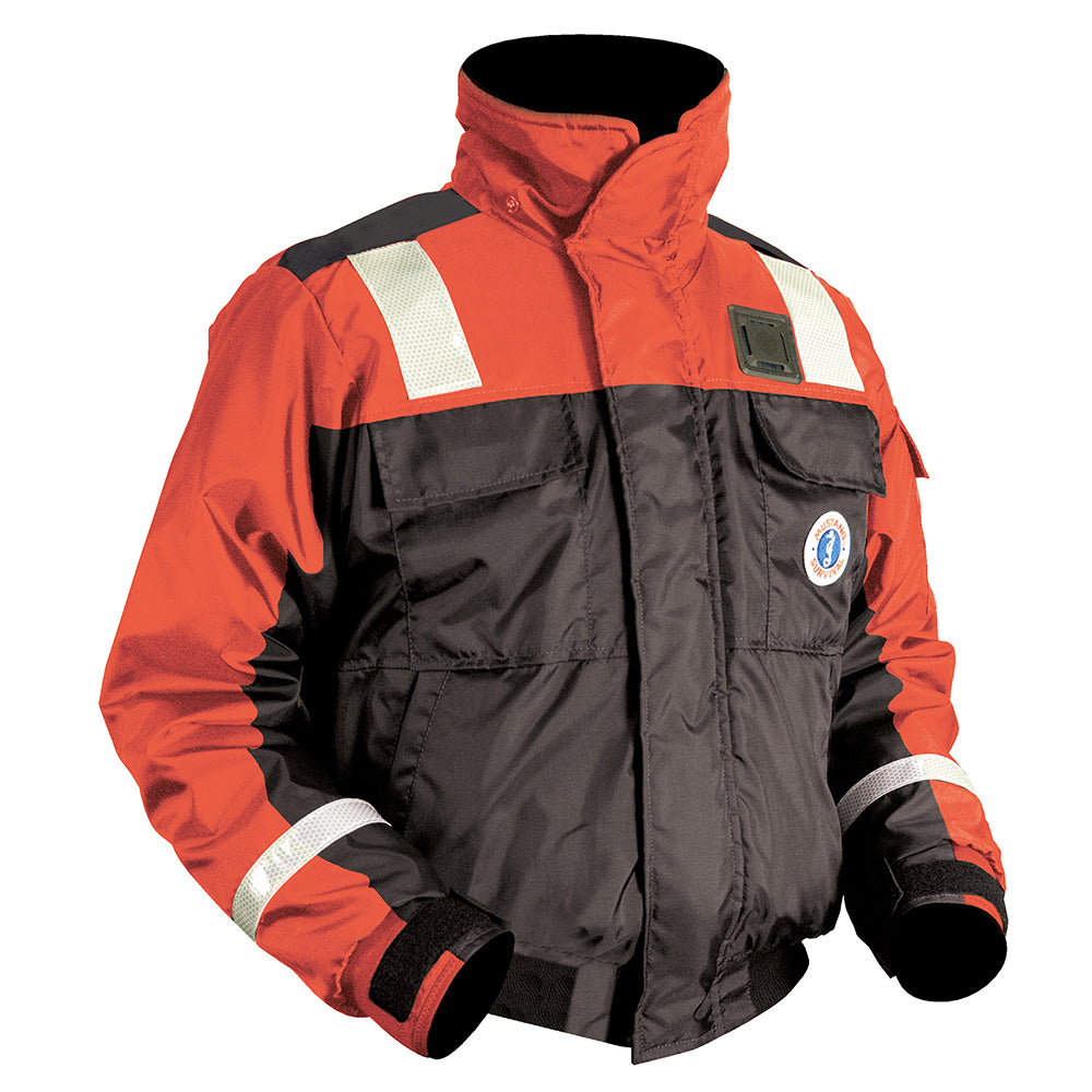 Mustang Survival Classic Flotation Bomber Jacket in orange and black with reflective tape, size XL, designed for flotation safety.