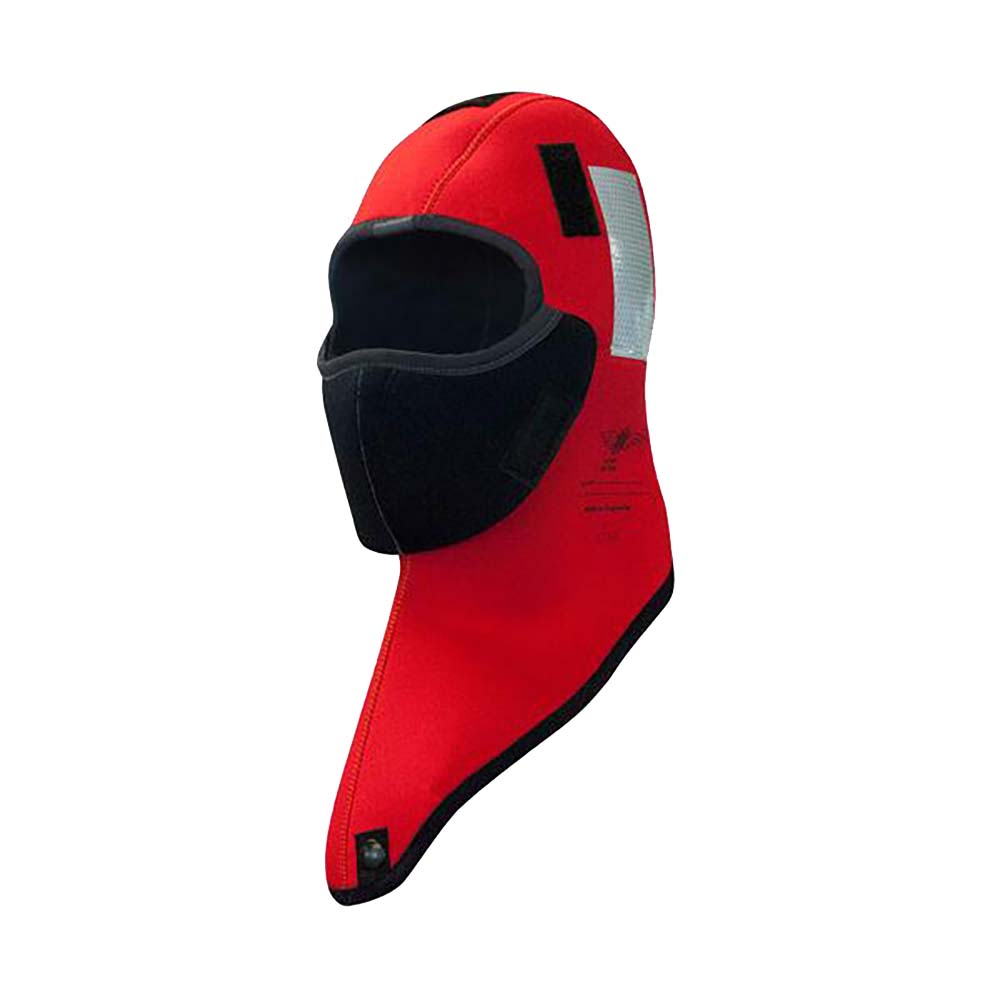 Mustang Survival red closed cell neoprene hood for immersion, dry, and work suits, providing thermal protection and waterproofing.