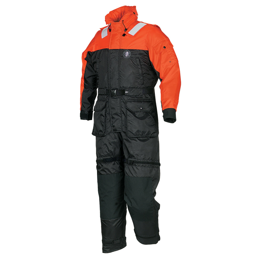 Mustang Survival Deluxe Anti-Exposure Coverall work suit in orange and black, XL immersion/dry work suit with adjustable straps.