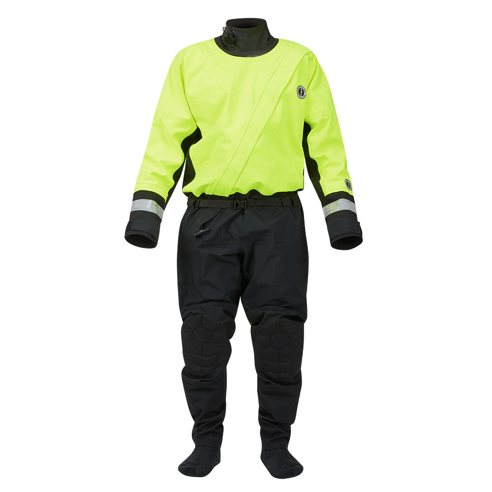 Mustang Survival MSD576 Water Rescue Dry Suit in fluorescent yellow-green and black, large size, designed for immersion and work safety.