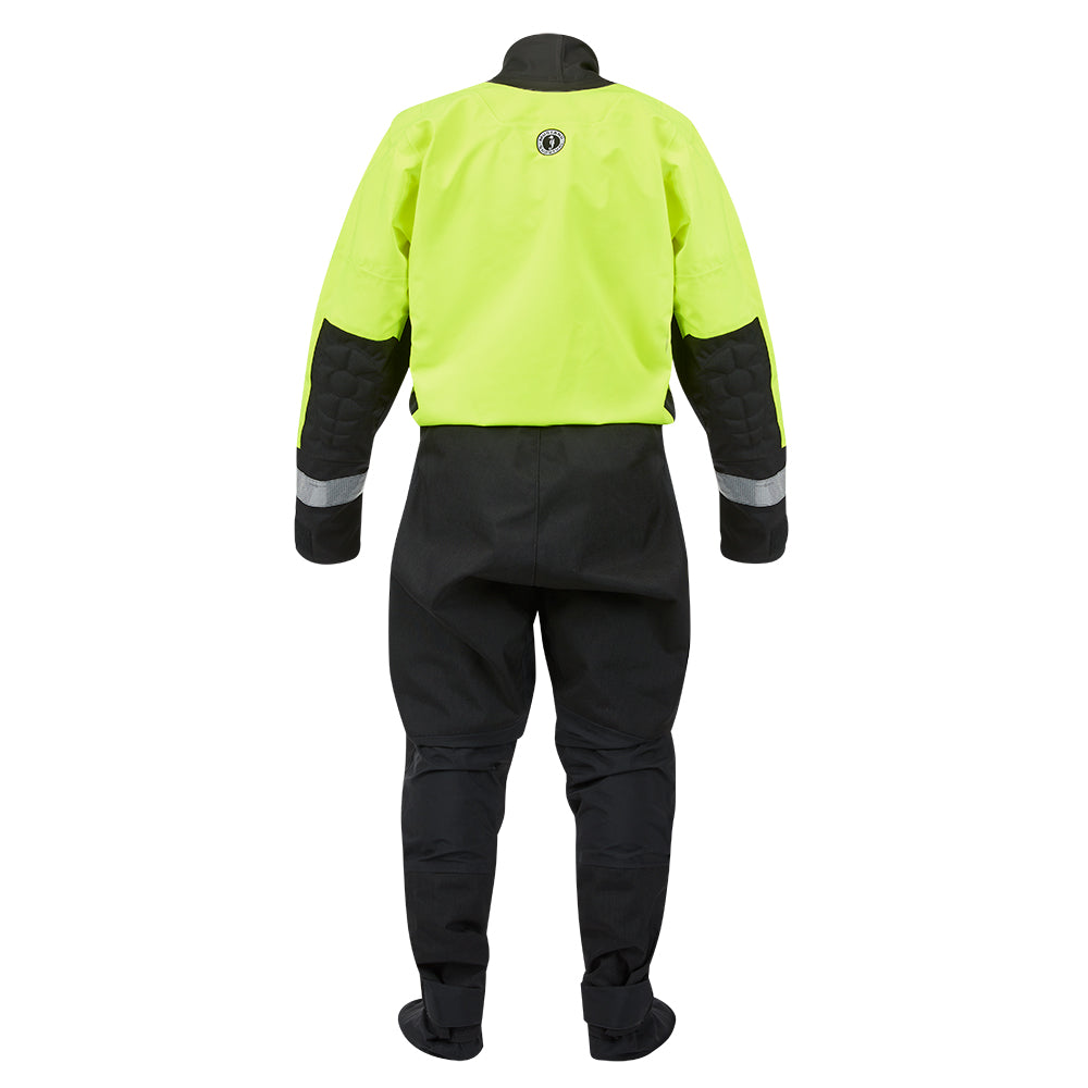 Mustang Survival MSD576 water rescue dry suit in fluorescent yellow-green and black, medium size, designed for immersion and work.