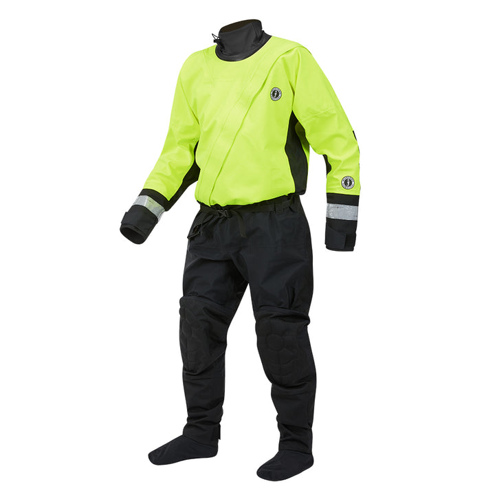 Mustang Survival MSD576 water rescue dry suit in fluorescent yellow-green and black, medium size, designed for immersion and work safety.