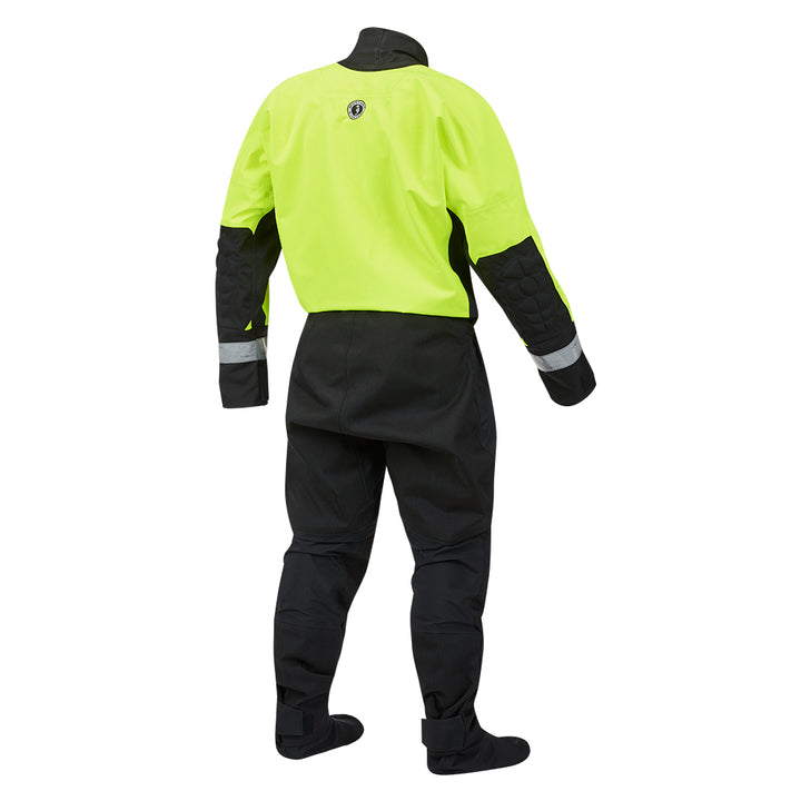 Mustang Survival MSD576 Water Rescue Dry Suit in fluorescent yellow-green and black, medium size, designed for immersion and dry work.