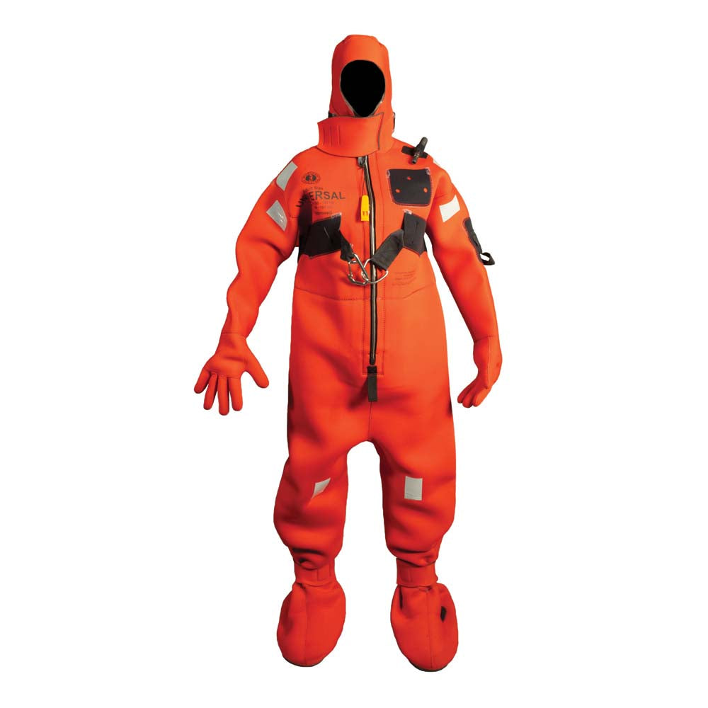 Red Mustang Survival adult neoprene cold water immersion suit with harness, designed for safety and durability in harsh aquatic environments.