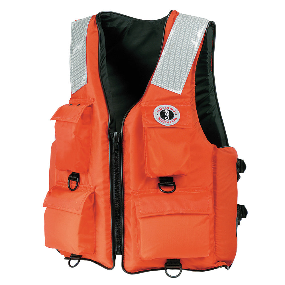 Orange Mustang Survival 4-pocket flotation vest for adults, medium size, personal flotation device designed for safety and comfort.