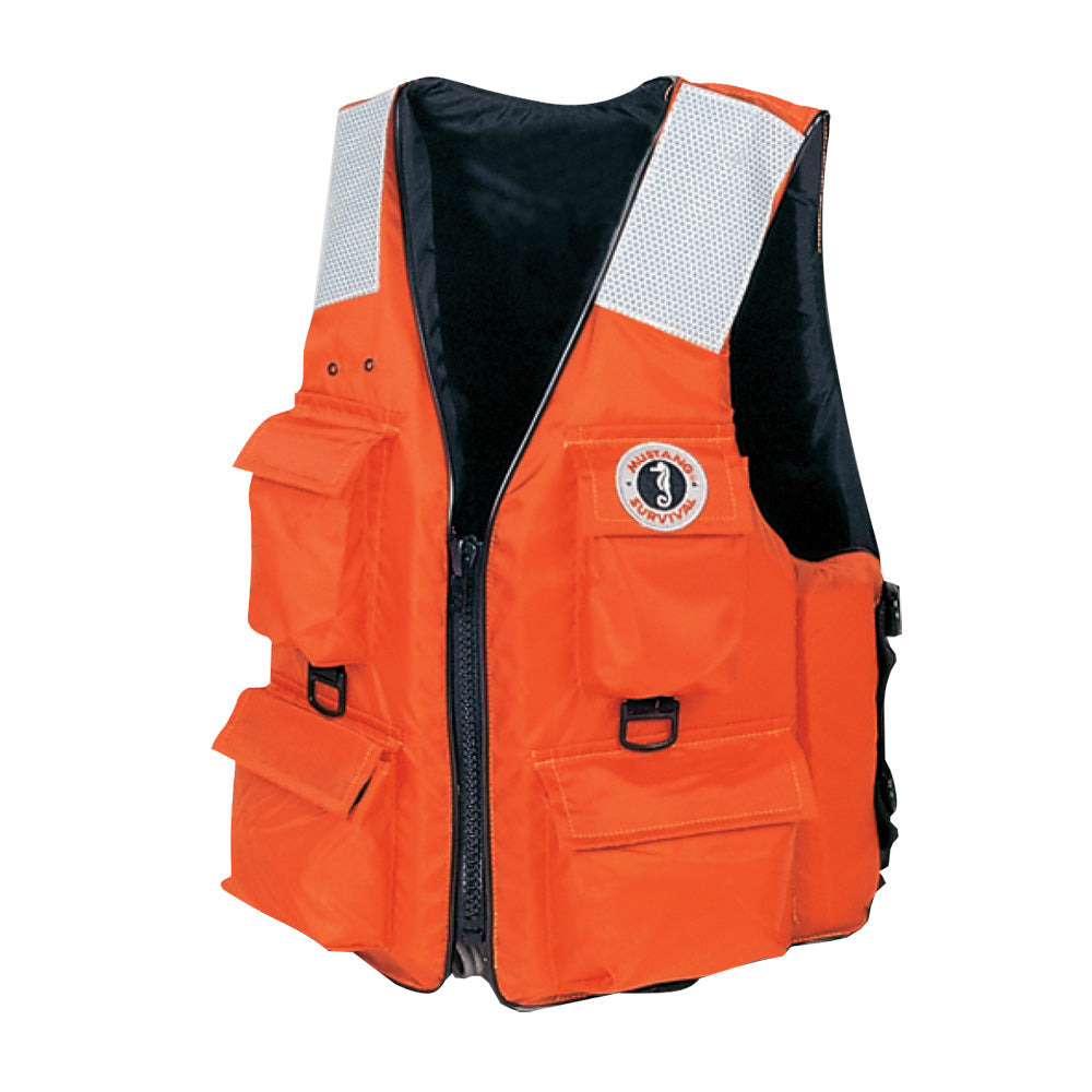 Orange Mustang Survival 4-pocket flotation vest in XL size, personal flotation device with multiple pockets for safety and storage.