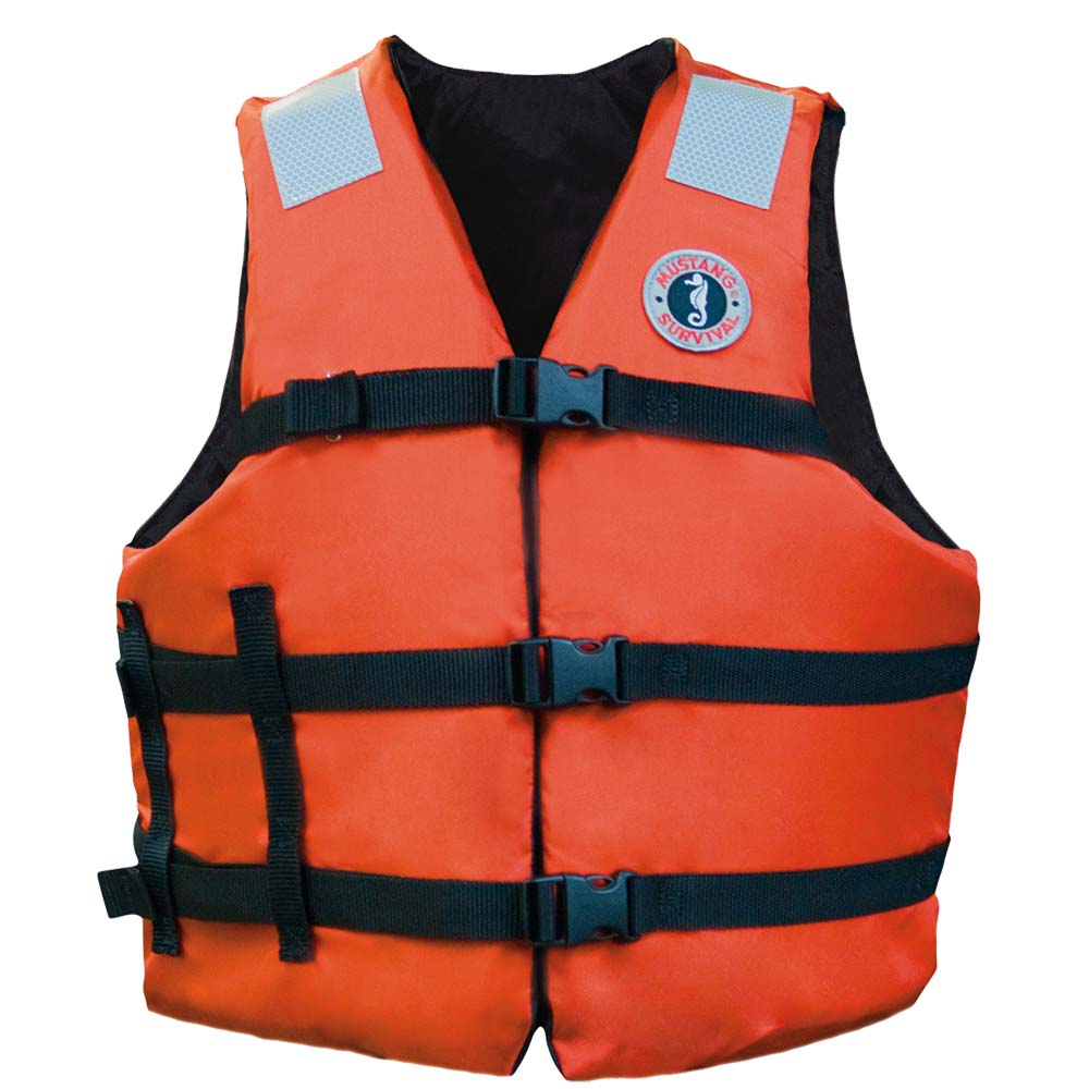 Orange Mustang Survival adult flotation vest, personal flotation device with adjustable straps for safety and comfort.
