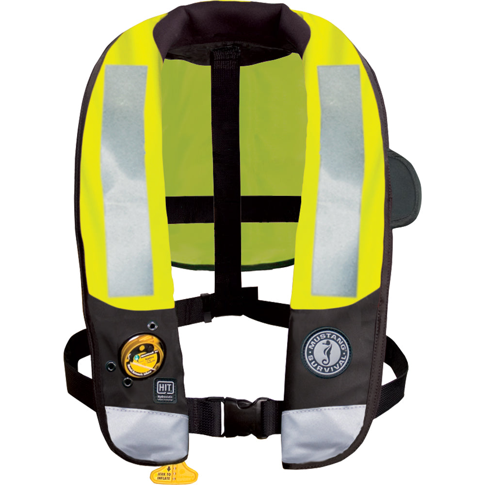 Mustang HIT High Visibility Inflatable PFD in fluorescent yellow-green, automatic/manual personal flotation device by Mustang Survival.